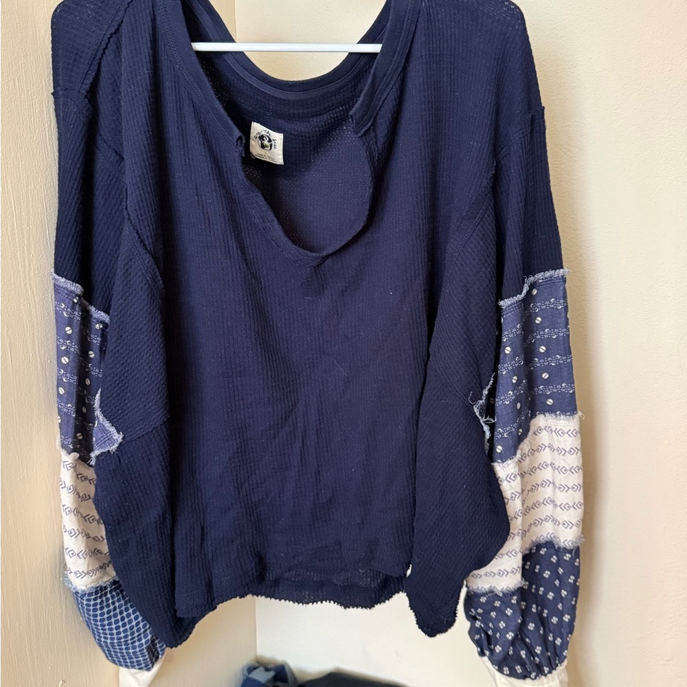 Free People Navy and White Patchwork Top